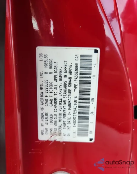 2006 Honda Accord Ex z USA, uszkodzony, nr VIN 1HGCM72726A010814